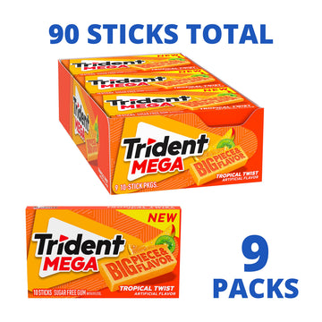 Trident Sugar-Free Chewing Gum, Mega Tropical Twist, 9 Packs of 10 Pieces, Orange, Model VC-a4-91213