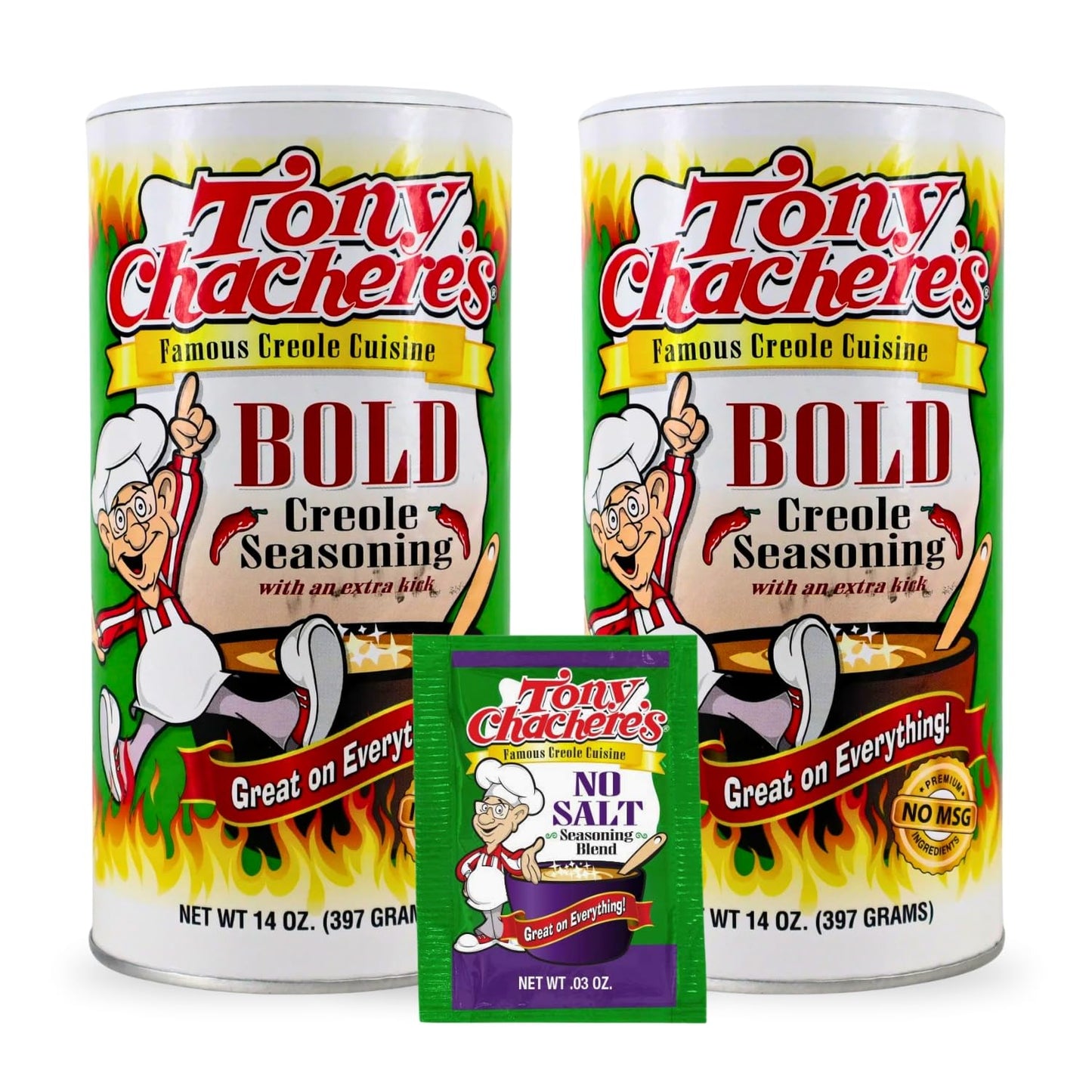 Tony Chacheres Creole and Cajun Seasoning Canisters (2 Pack + Packet) (2 Pack, Bold with NS)