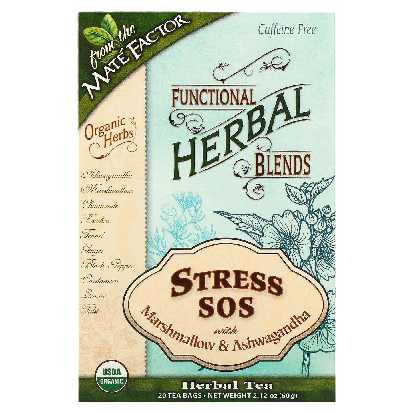 Mate Factor Organic Stress Sos With Marshmallow And Ashwagandha Herbal Tea 20-Piece