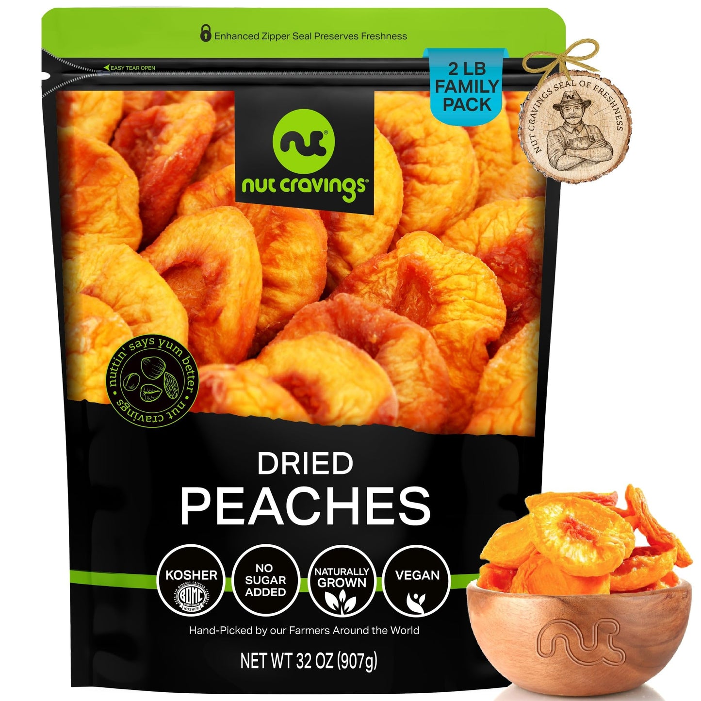 Nut Cravings - Sun Dried California Peaches No Sugar Added Unsweetened (32Oz 2 Lb) Bulk Dry Fruits Packed Fresh In Resealable Bag - Sweet Healthy Snack Naturally Grown Vegan Kosher