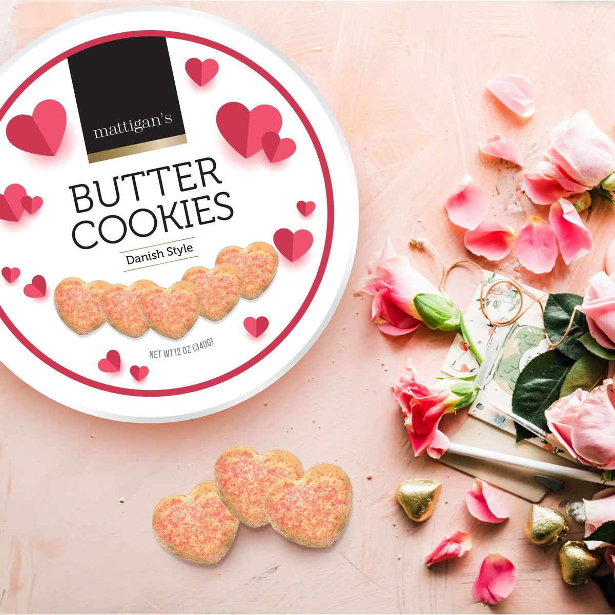 Mattigans Pink Heart Butter Cookies Danish Style Cookie, 12 Oz Tin, Gourmet Gifts, Holidays, Birthday, Special Occasions, Assor