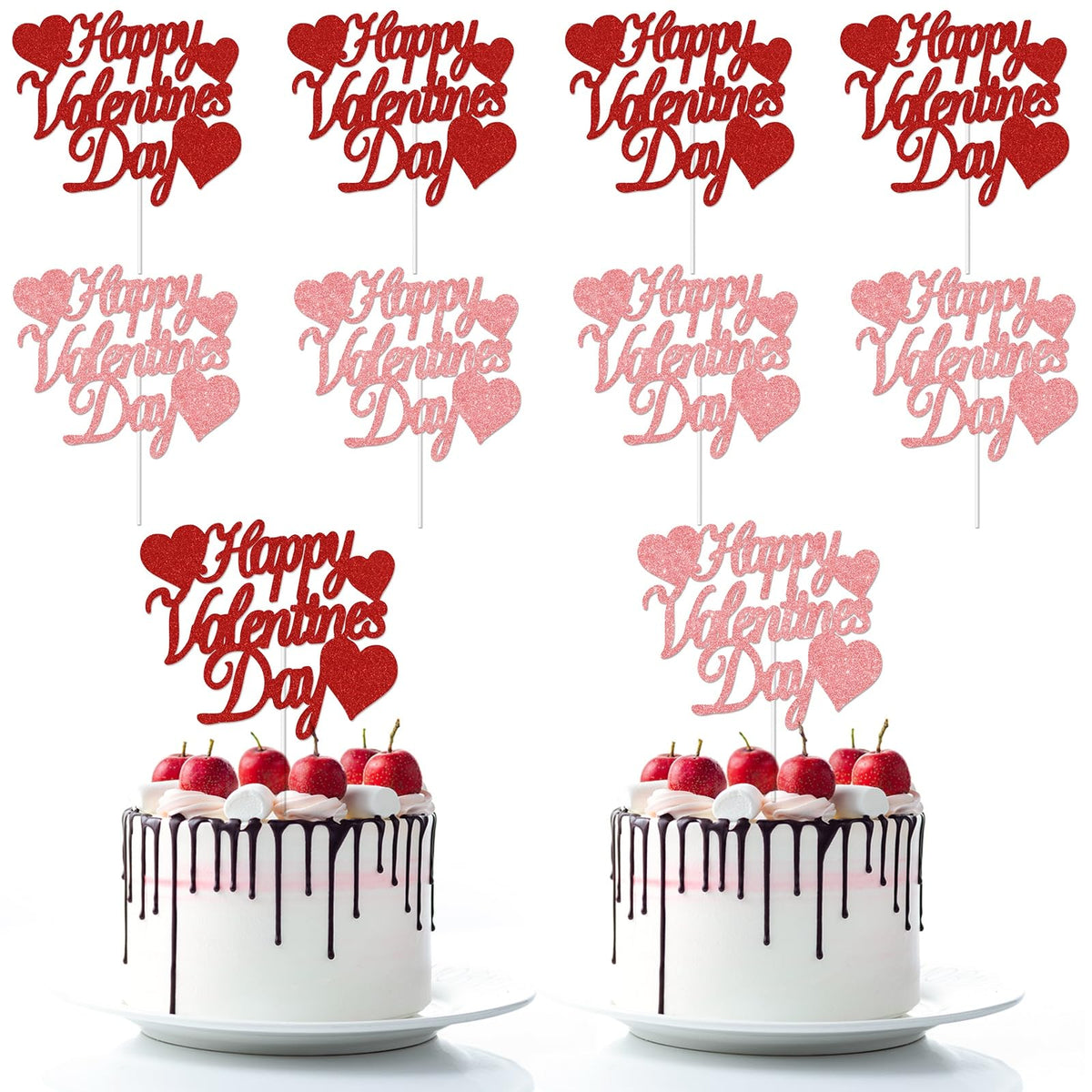 12 Pack Glitter Happy ValentineS Day Cake Toppers 4.72X4 Inches Sweet Love Food Picks Large Pink And Red Cake Decorations Perfect For ValentineS Day Party Supplies