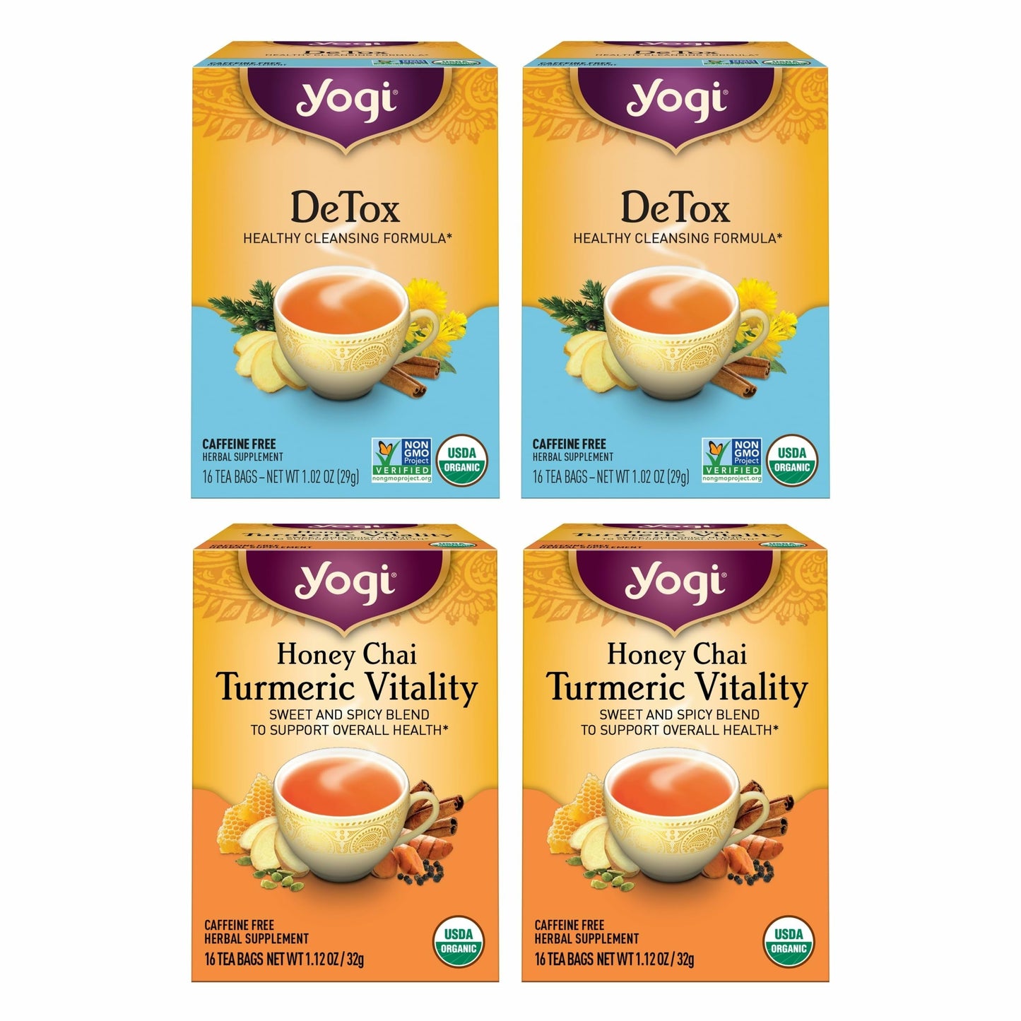 Yogi Tea Detox And Wellness Variety Pack 4Pk - 16 Bags Per Pack (4 Pack) - Organic Herbal Cleansing Teas - Includes (2 Boxes Each) Of Honey Chai Turmeric Vitality & Detox - Energy Blend-Free Teas