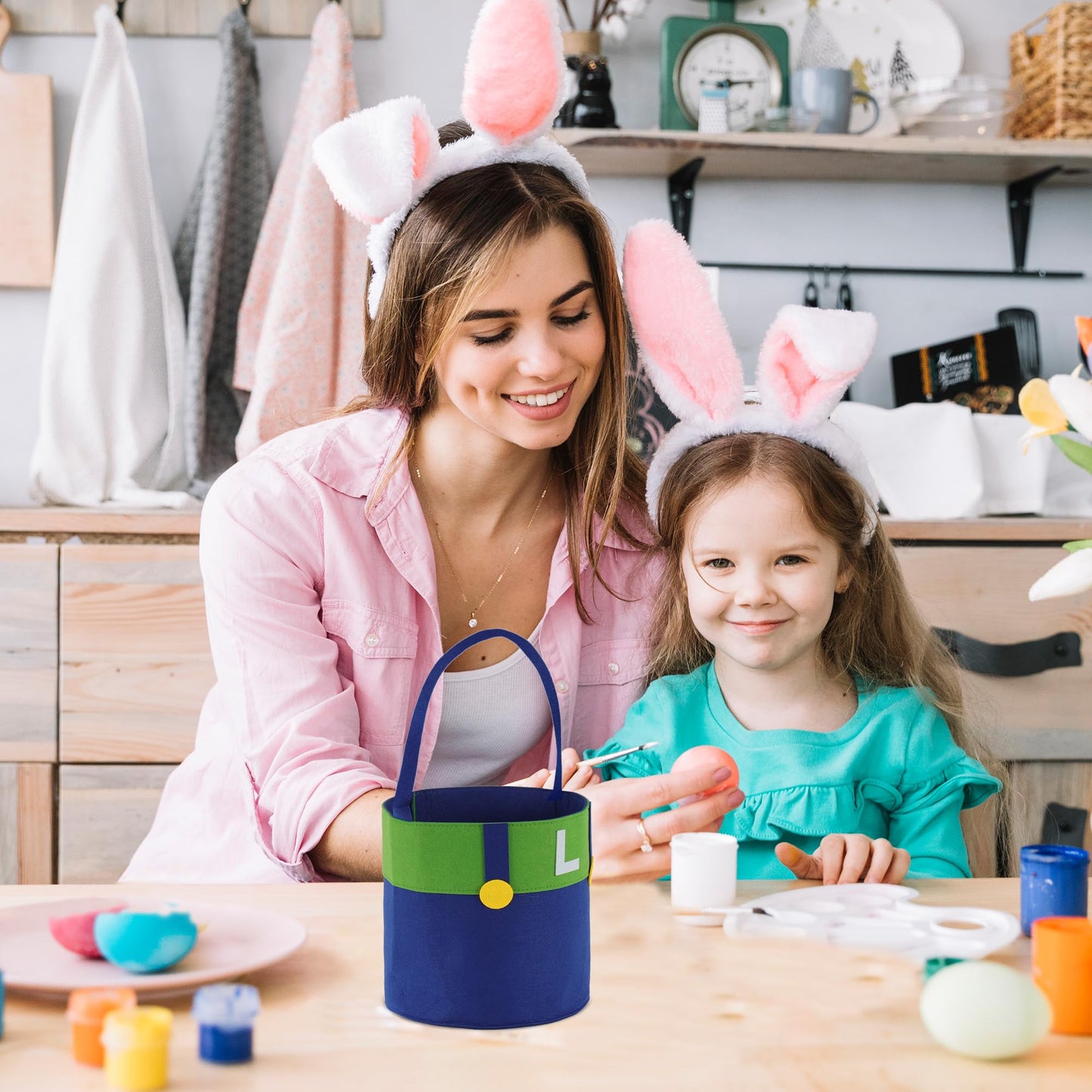 Easter Basket With Handles For Kids, Happy Easter Gift For Easter Egg Hunts Decorations Candy Gifts Storage (World White)