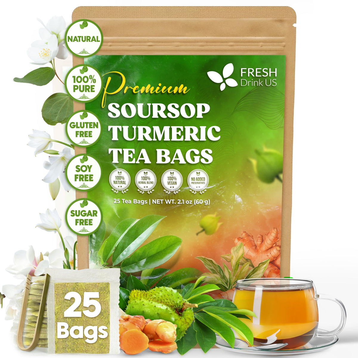 Freshdrinkus Top-Grade 25 Tea Bags Soursop Turmeric 100% Natural Blend Of Soursop Leaves And Turmeric Root. Made With Natural Material Tea Bags. No Sugar Vegan.