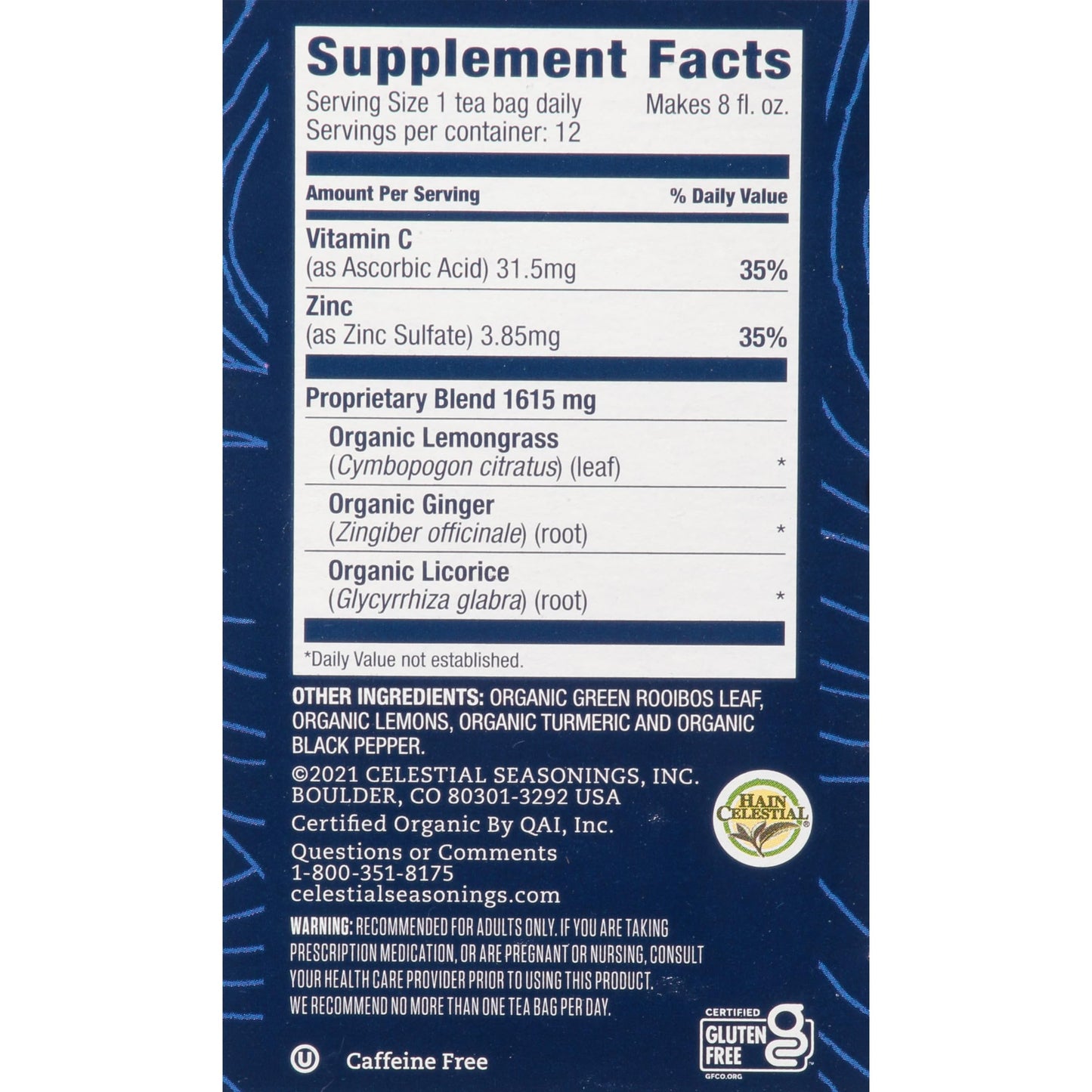 Celestial Seasonings Herbal Tea, Lemon Ginger, Caffeine Free, Organic, 12 Count
