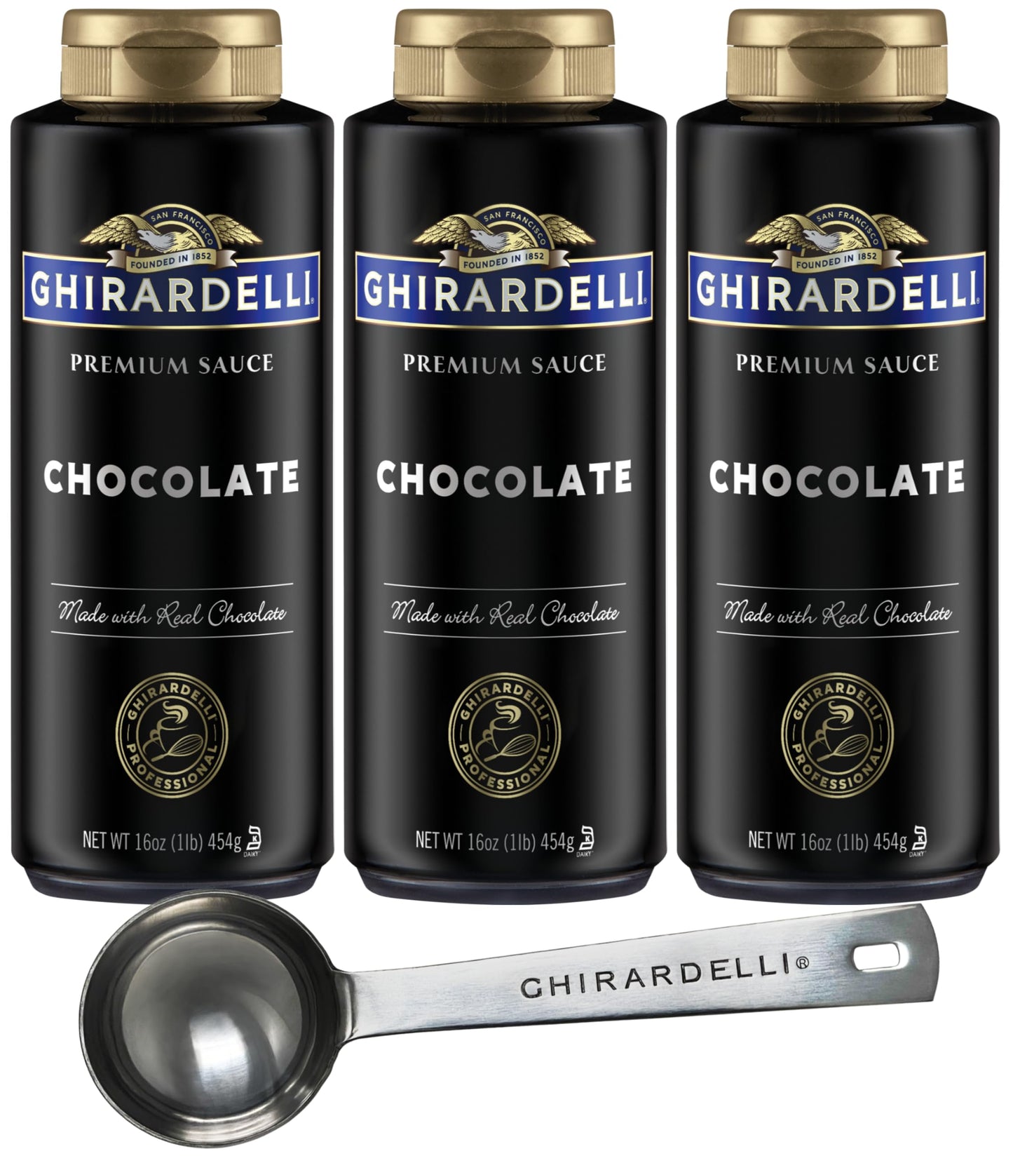 Ghirardelli Chocolate Sauce 16 Ounce Squeeze Bottle (Pack Of 3) With Ghirardelli Stamped Barista Spoon