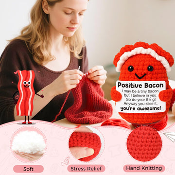 Mini Inspirational Positive Bacon Handmade Crochet Bacon For Women Foodies Breakfast Lovers Fun Encouragement Gift For Friends Coworkers Small White Elephant Christmas Birthday Gifts Motivation Decor