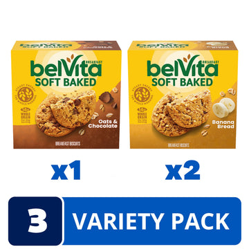 belVita Soft Baked Breakfast Bars Variety Pack, Banana Bread and Oats & Chocolate, 3 Boxes of 5 Packs (1 Biscuit Per Pack)