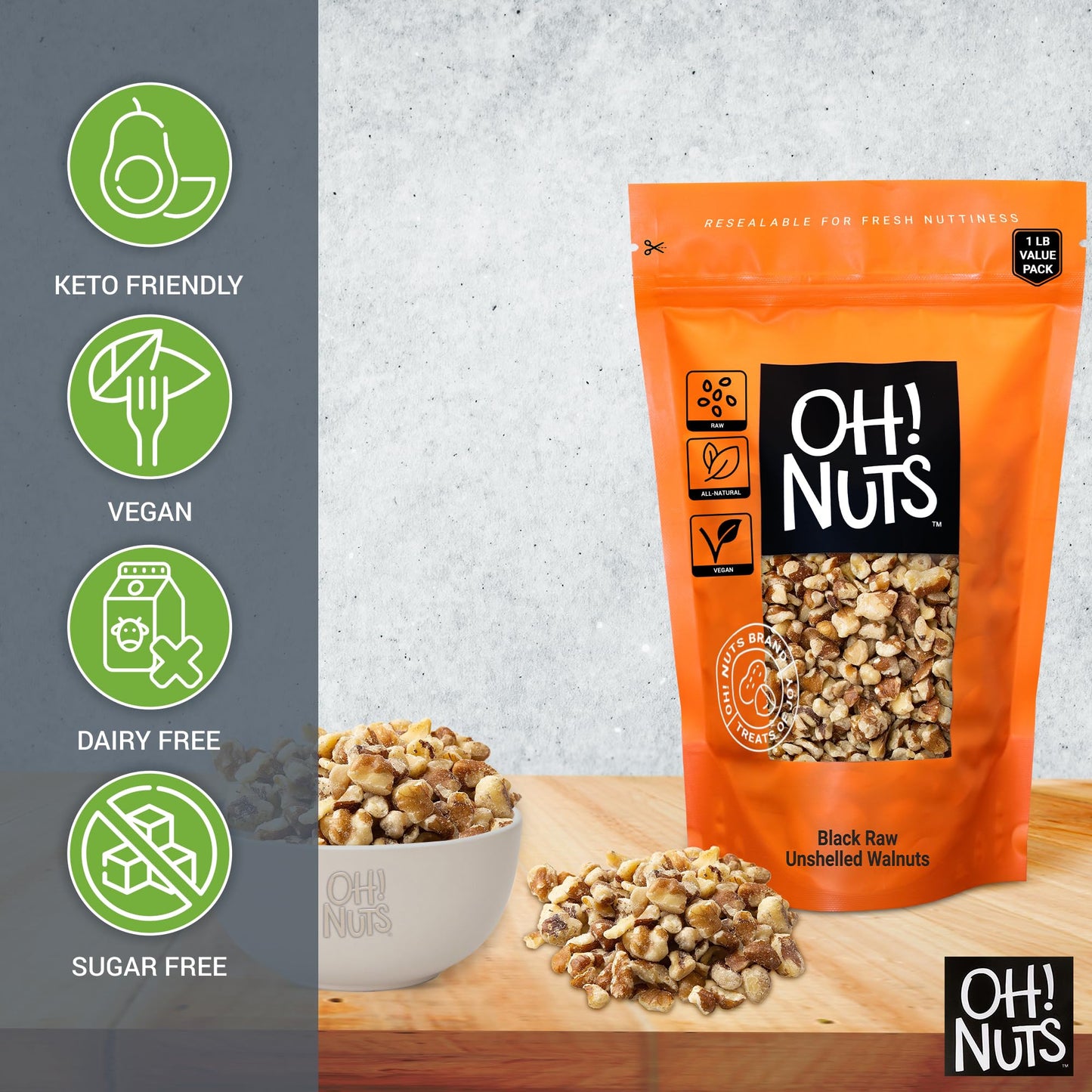 Oh! Nuts Black Raw Unshelled Walnuts, 1lb Bulk Bag, Vegan, Keto, Kosher