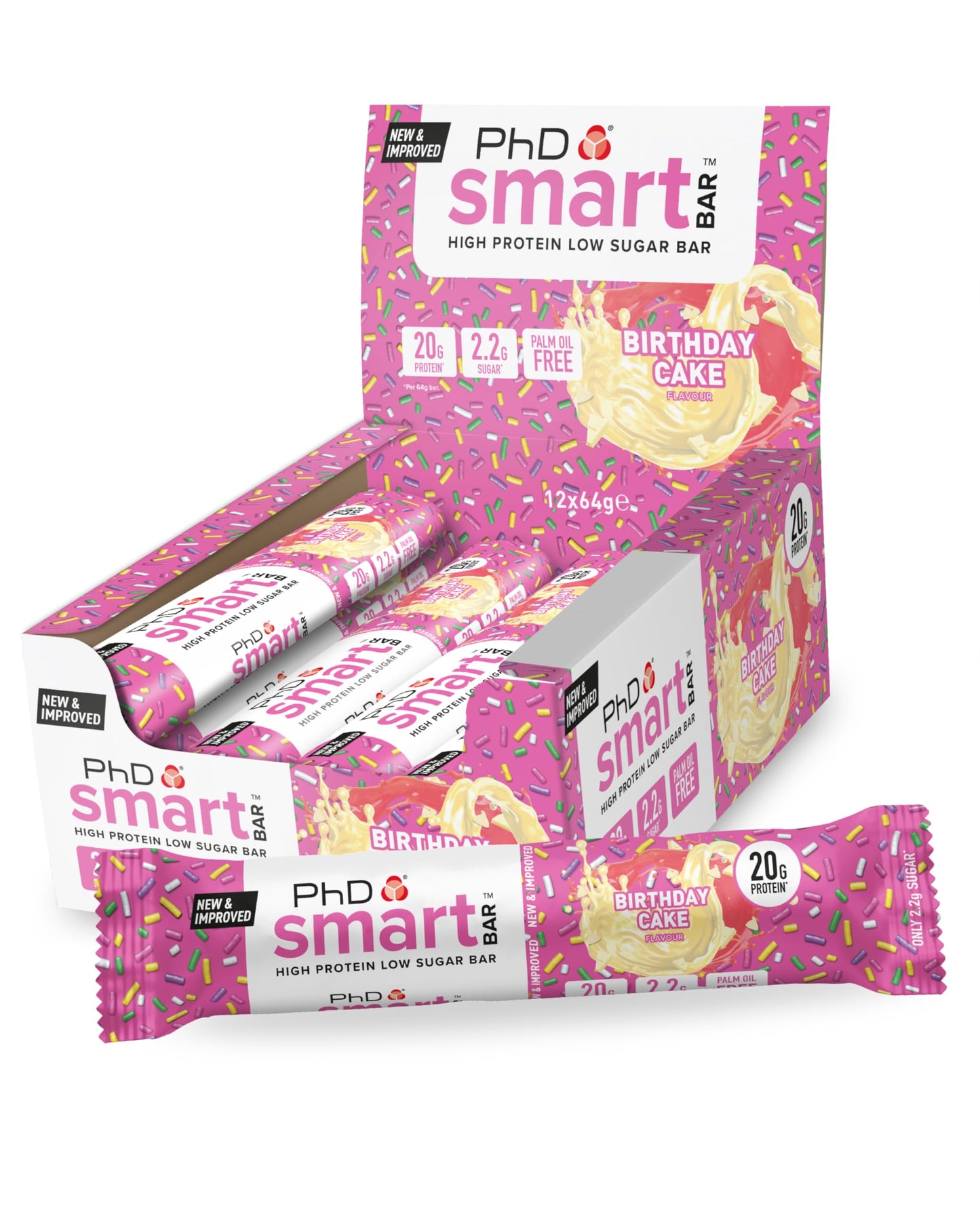 PhD Smart Bar-High Protein Low Sugar Bar, Birthday Cake, 64 g, Pack of 12