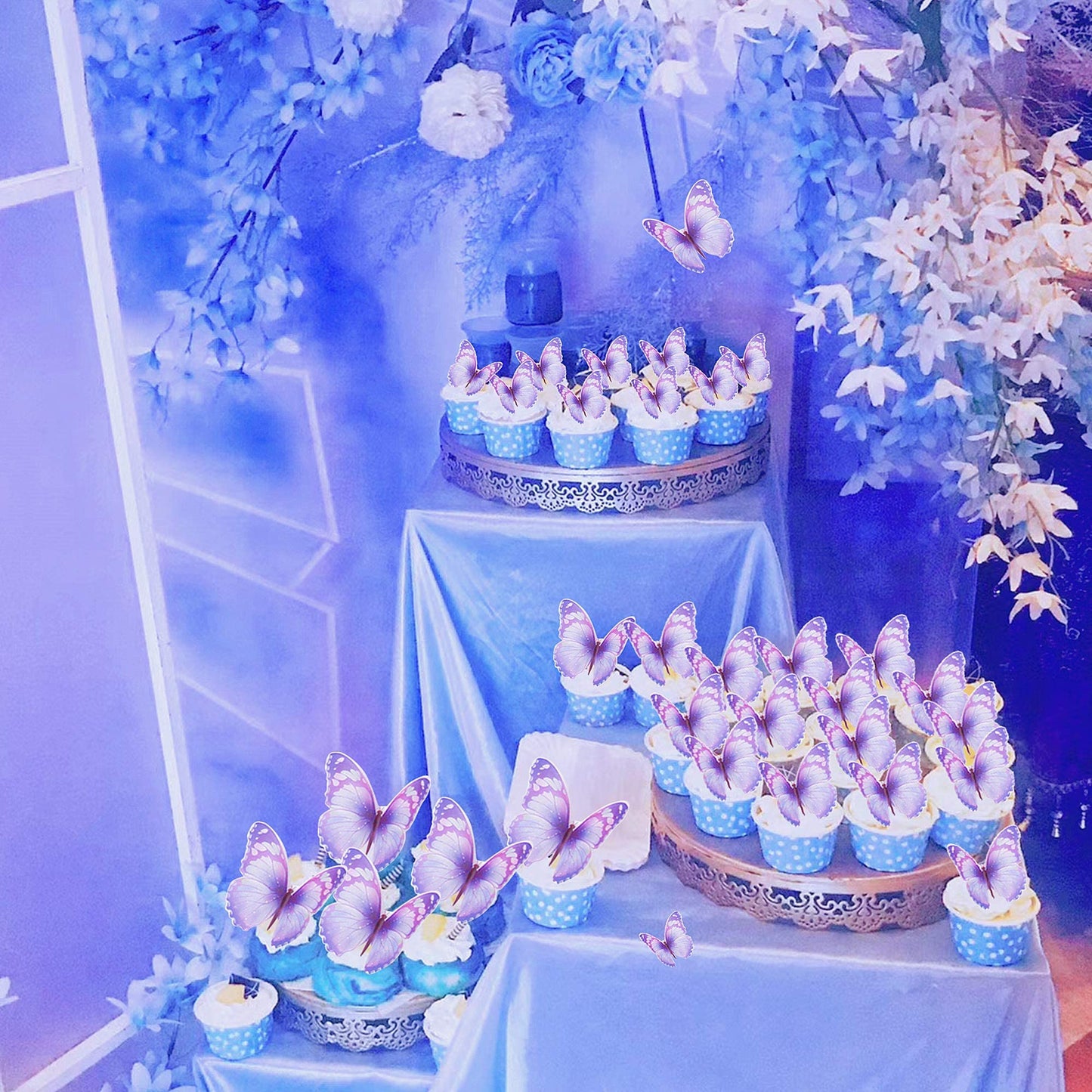 Cyodoos 30Pcs Bule Purple Mixed Size Lively 3D Waterproof Butterfly Cupcake Topper For Girls Women'S Happy Birthday Wedding Part