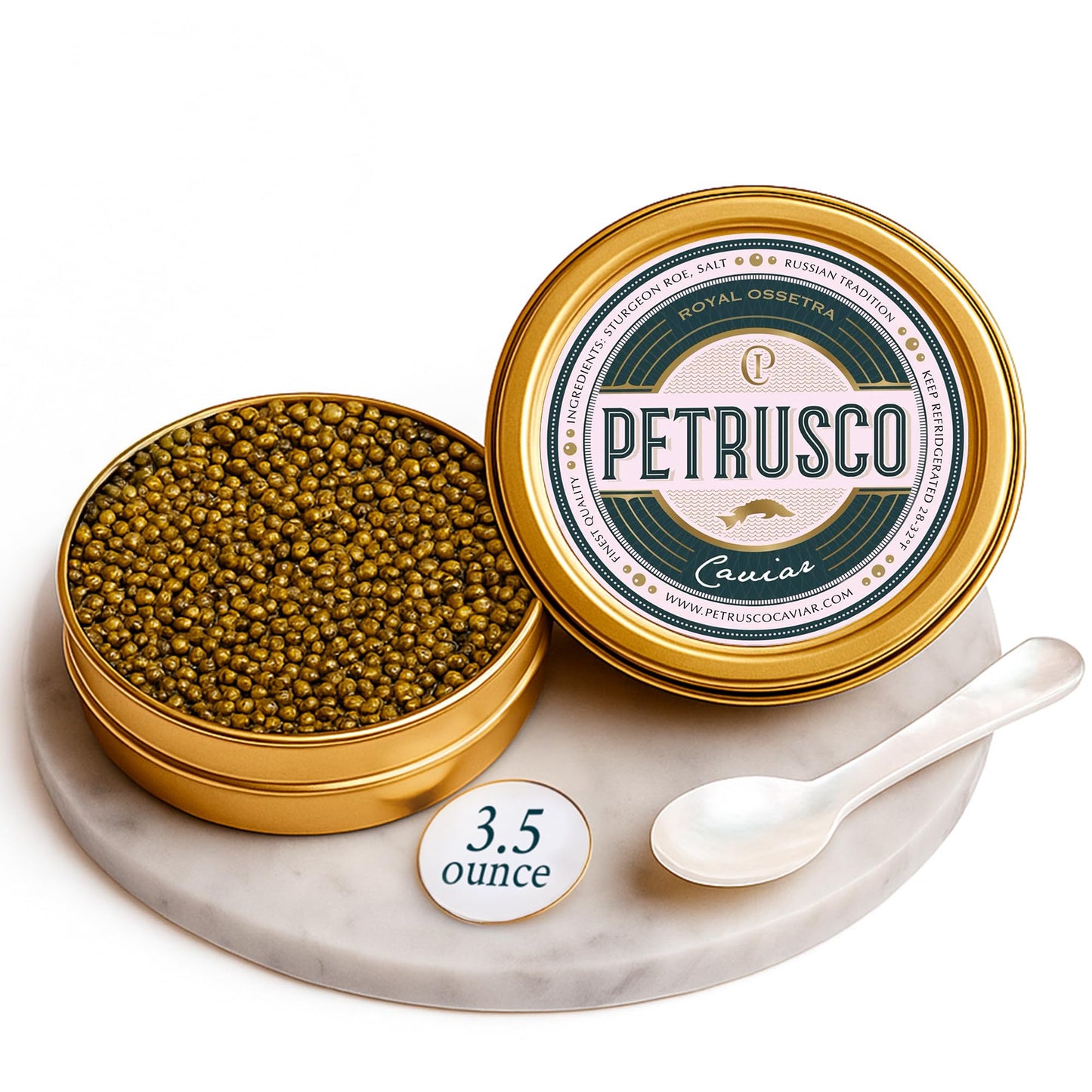 Petrusco Royal Ossetra - Top-Grade Black Caviar - Fresh Gourmet Sturgeon Fish Roe In A Sealed Metal Tin 100G (3.5Oz) - Rich Buttery Flavor Sustainably Sourced And Perfect For Fine Dining
