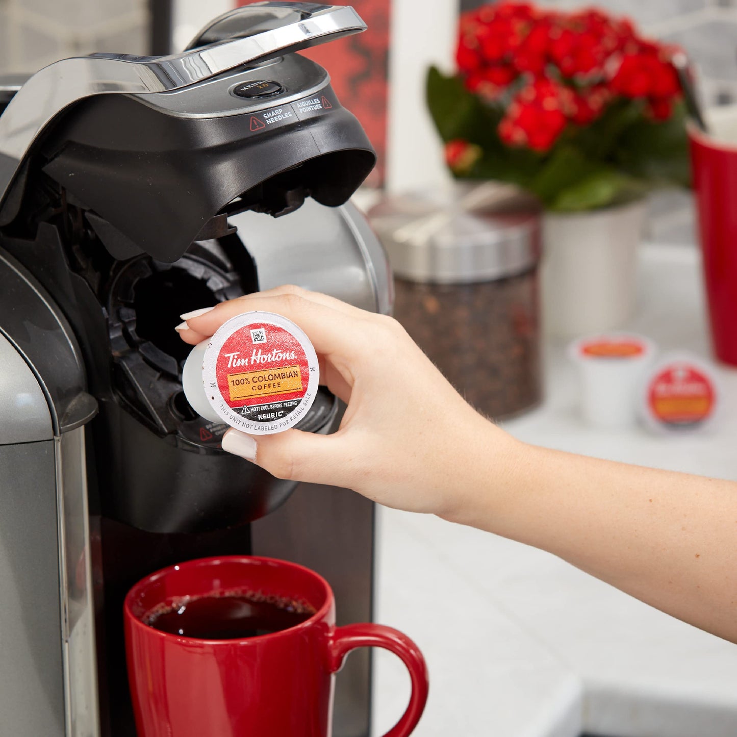 Tim Hortons 100% Colombian Medium Dark Roast Coffee K-Cup Pods 12 Count Red