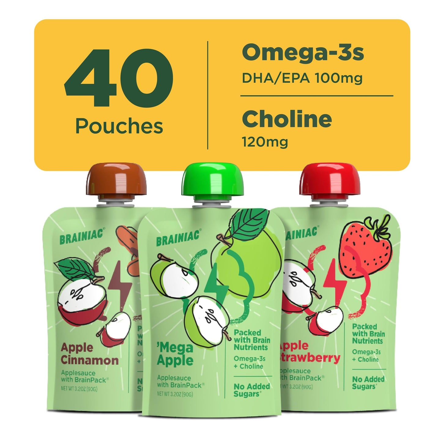 Brainiac Applesauce Variety Pack Pouches, Apple, Apple-Cinnamon & Apple-Strawberry Flavors, Unsweetened Applesauce with Vitamin