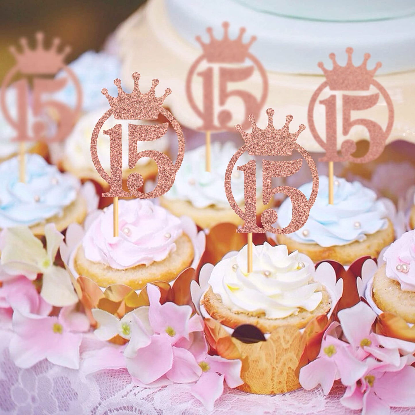 UNIMALL Rose Gold Glitter Cupcake Toppers, Pack of 24, Small Size, Bamboo and Paper Material, 15th Birthday Party Decoration