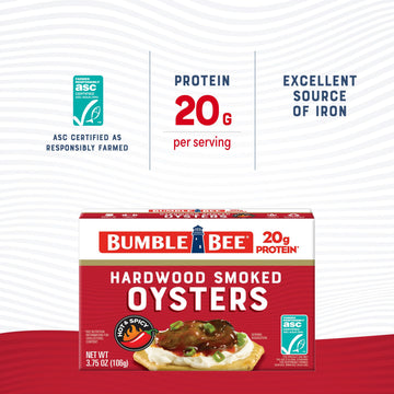 Bumble Bee Hot & Spicy Hardwood Smoked Oysters, Gluten Free, 3.75 oz Tin, 20g Protein per Serving