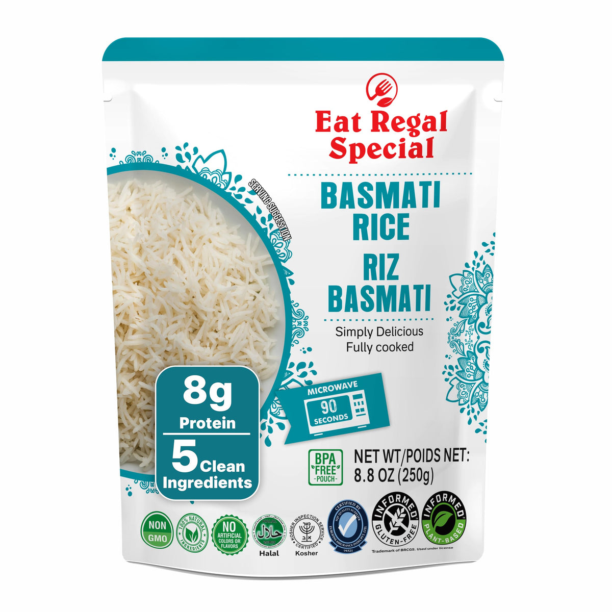Eat Regal Basmati Rice Ready To Eat Microwavable In 90 Seconds Shelf Stable 8G Protein No Added Sugar No Cholestrol Natural Ingredients Gluten Free Clump-Free No Kneading 8.8 Oz Pack Of 6