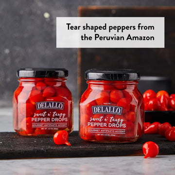 DeLallo Sweet & Tangy Pepper Drops, Red Peruvian Mini Peppers, Non-GMO, Vegan, Kosher, 4.3 oz Jar, Pack of 4