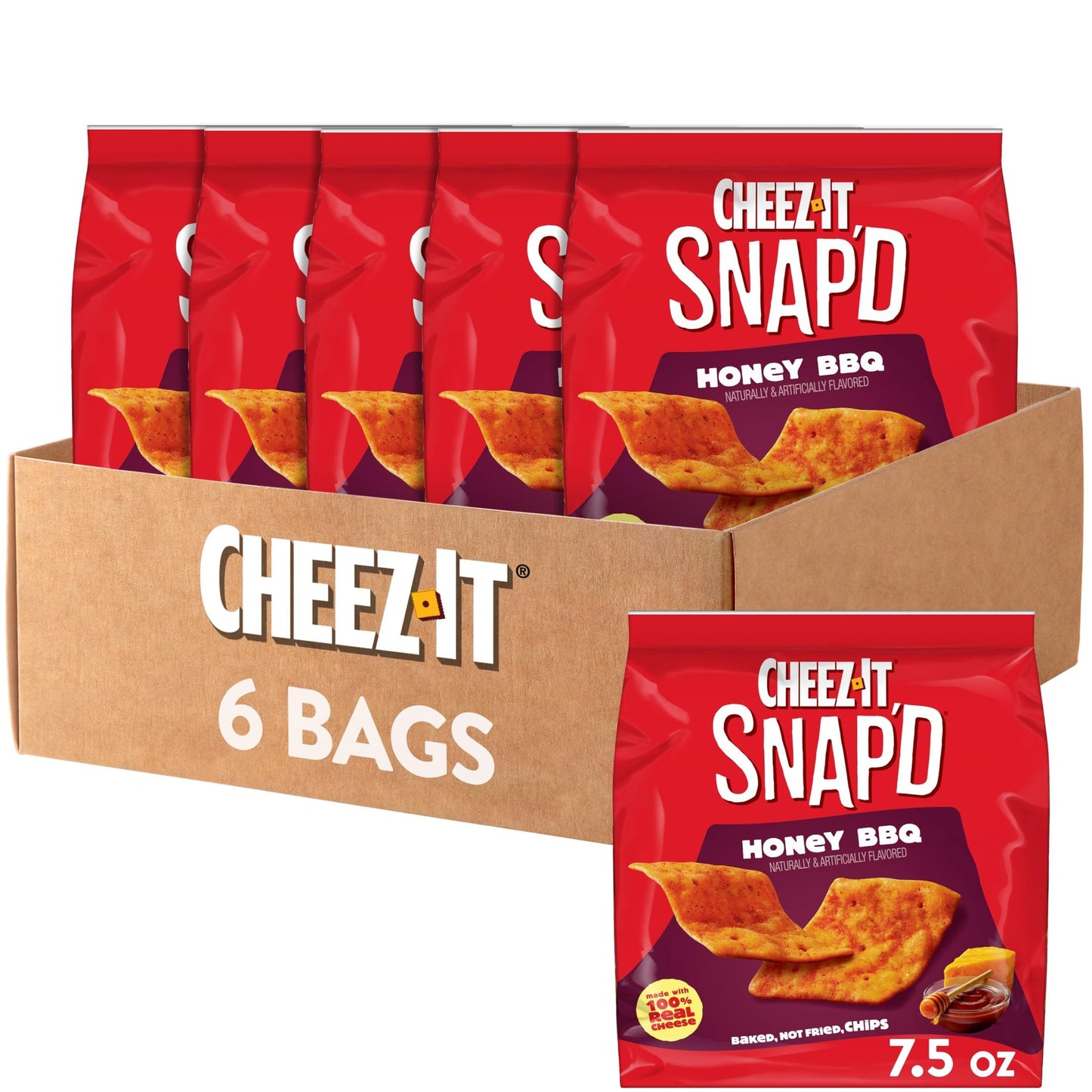 Cheez-It Snapd Cheesy Baked Chips, Thin Crisps, Lunch Snacks, Honey BBQ (6 Bags)