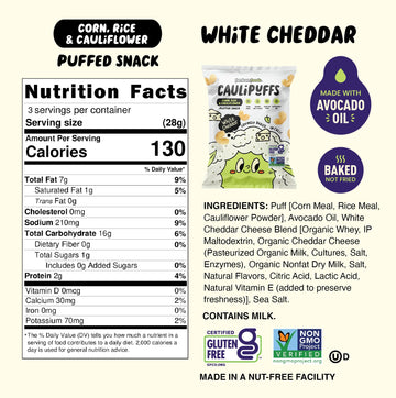 CauliPuffs - Corn, Rice, and Cauliflower Gluten Free Puffed Snack (5 x 3.0oz Bags, White Cheddar)