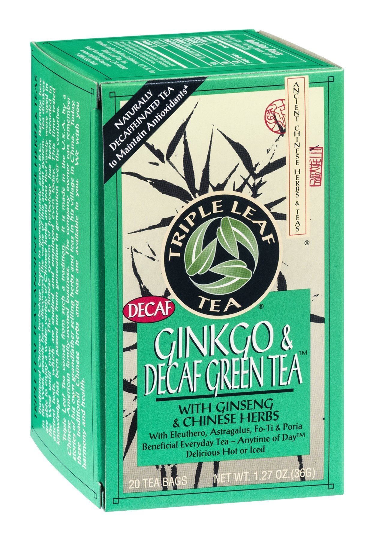 TRIPLE LEAF TEA TEA,GINKGO DECAF GREEN, 20 BAG