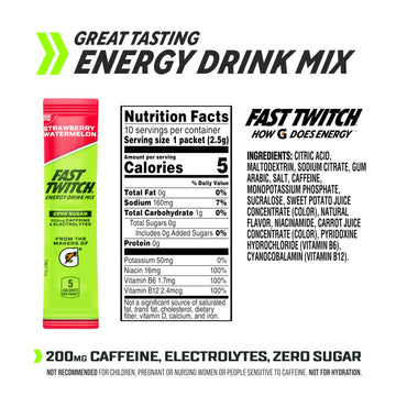 Fast Twitch Energy Drink Mix, Strawberry Watermelon, Zero Sugar, 0.08oz Packets, 10 Pack