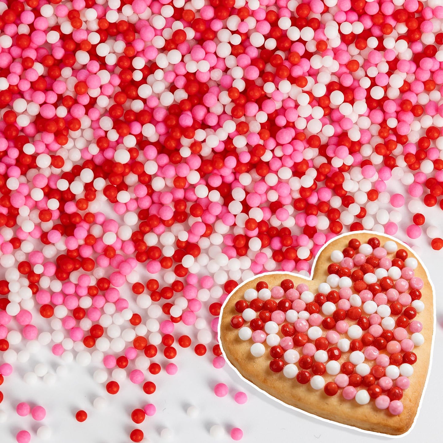 Valentine Nonpareils,Edible Pearl Sprinkles,Pink White and Red Nonpareils Mix,Cute Pearls Cake Candy,Mini Sugar Sprinkles for De