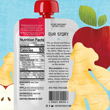 Kekoa Foods Apple & Ginger Baby Food Purée | 100% Usda Certified-Organic, No Sugar Added | Organic, Non-Gmo, Gluten-Free, Vegan | Mild Ginger For Flavor Development | 3.5 Oz Squeeze Pouch