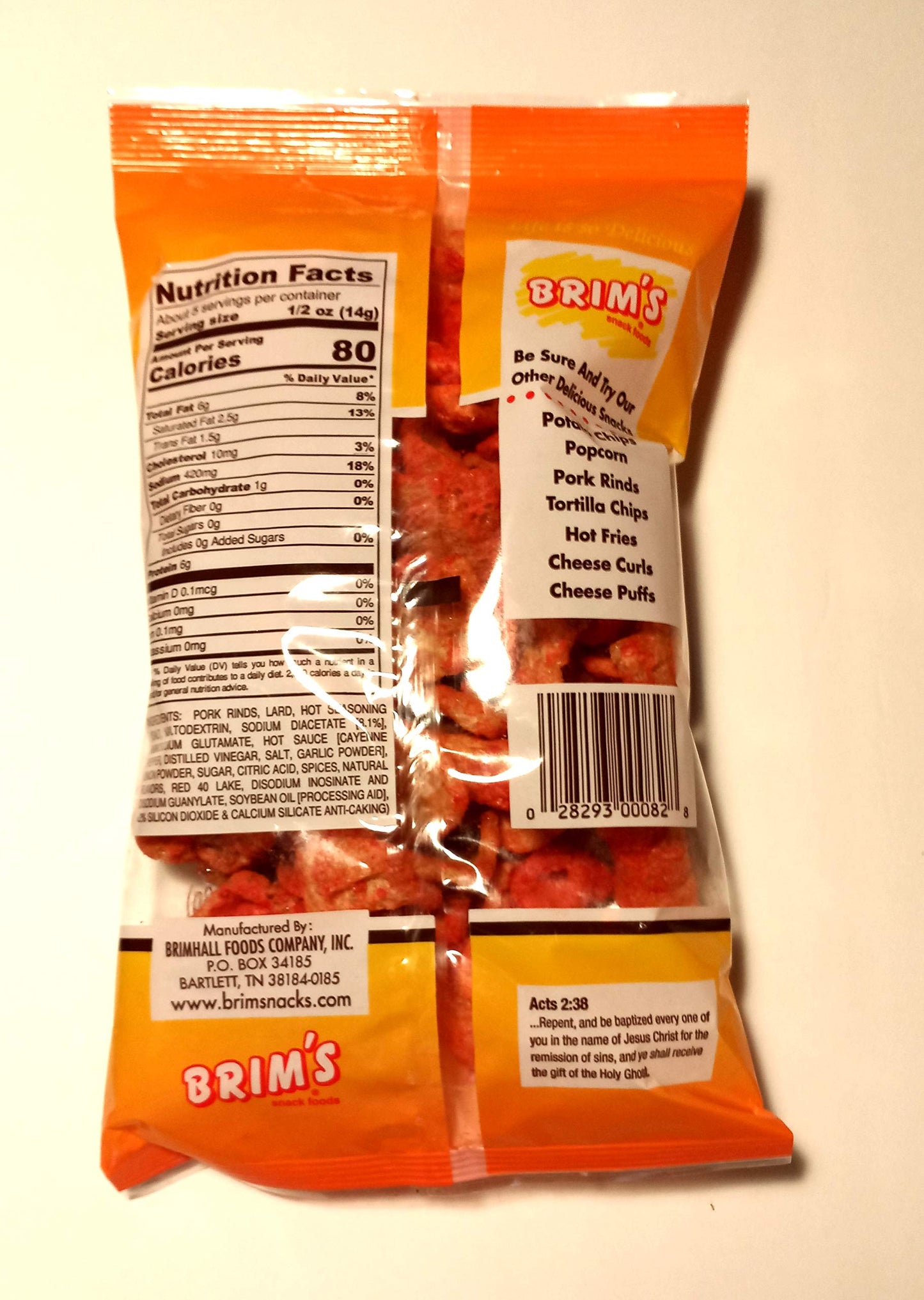 Brims Red Hot Flavored Fried Pork Rinds (2 Pack) 2.6 oz bag each