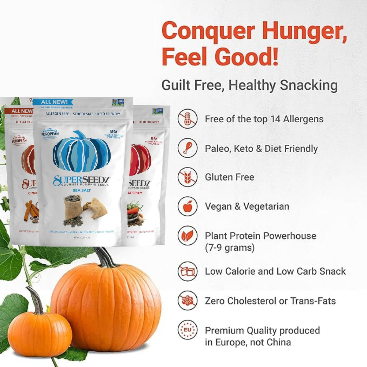 SuperSeedz Dry Roasted Pumpkin Seeds, Sea Salt & Cinnamon Sugar, Vegan, 5oz (3-pack)