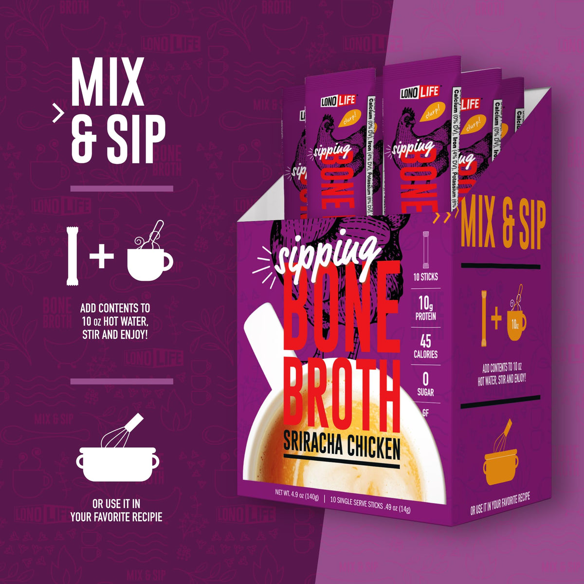 Lonolife Sriracha Chicken Bone Broth Powder Mix | 10G Protein | Collagen-Rich, Keto & Paleo Friendly | Natural Ingredients | 24