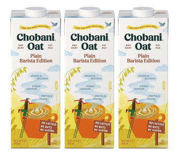 Chobani Oat Milk, Plain Oat Barista Edition, Shelf Stable Non Dairy Milk, Creamer, Vegan Friendly, Gluten-Free, 32 FL OZ (Pack-3