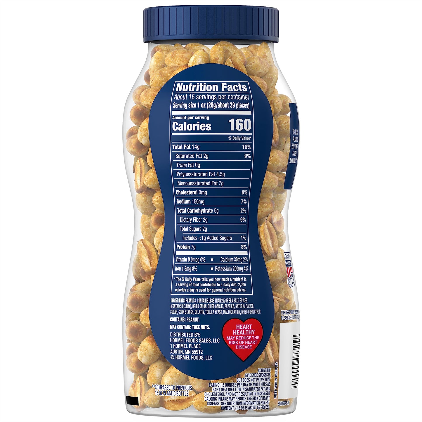 PLANTERS Salted Dry Roasted Peanuts, Plant Based Protein Snacks, 16oz Jar
