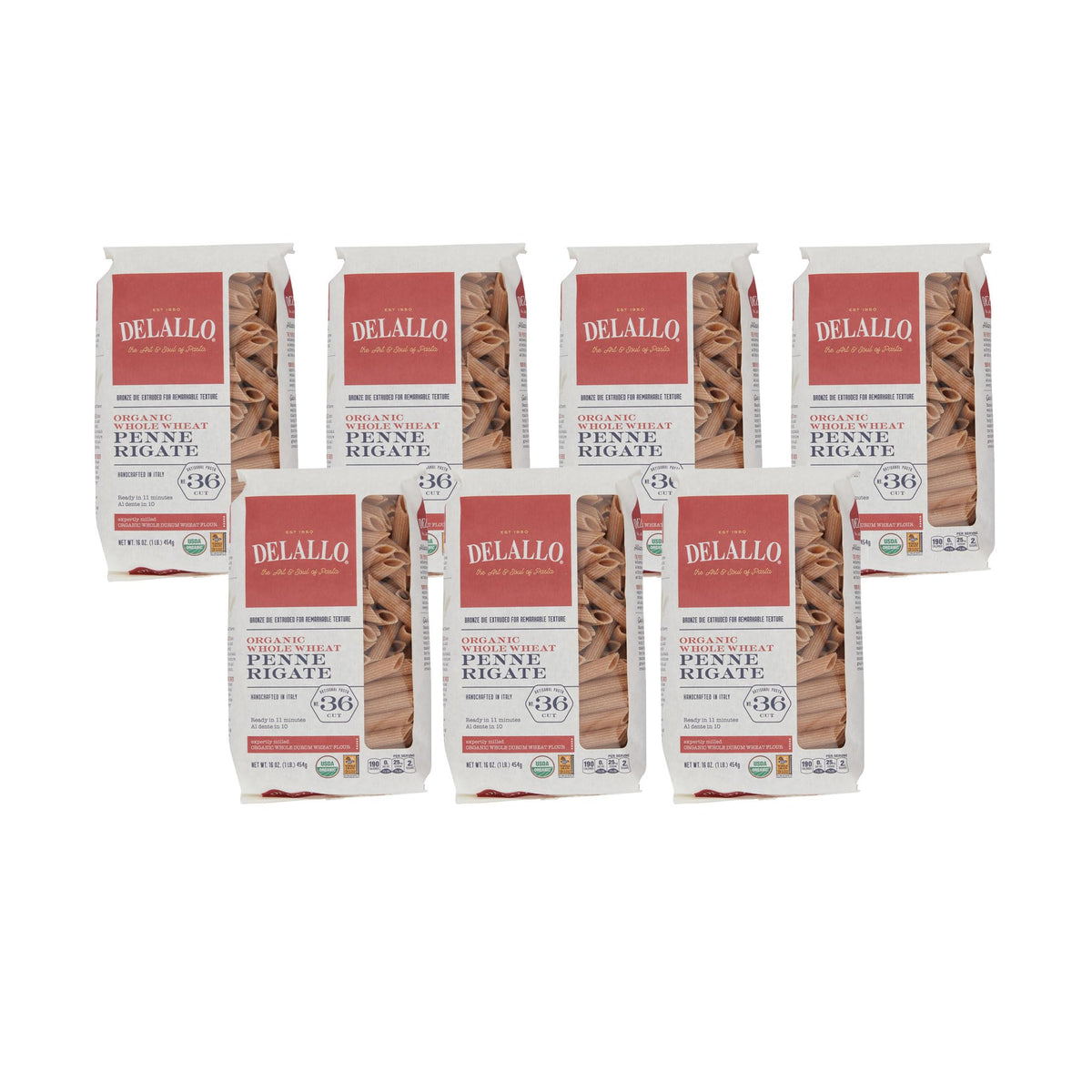 Delallo Whole Wheat Penne Pasta 1 Pound Bag (7 Pack) 100% Certified Organic Made In Italy Whole Grain Bronze Cut Made With Only Duflavor Blend Wheat Semolina Flour Kosher Vegan