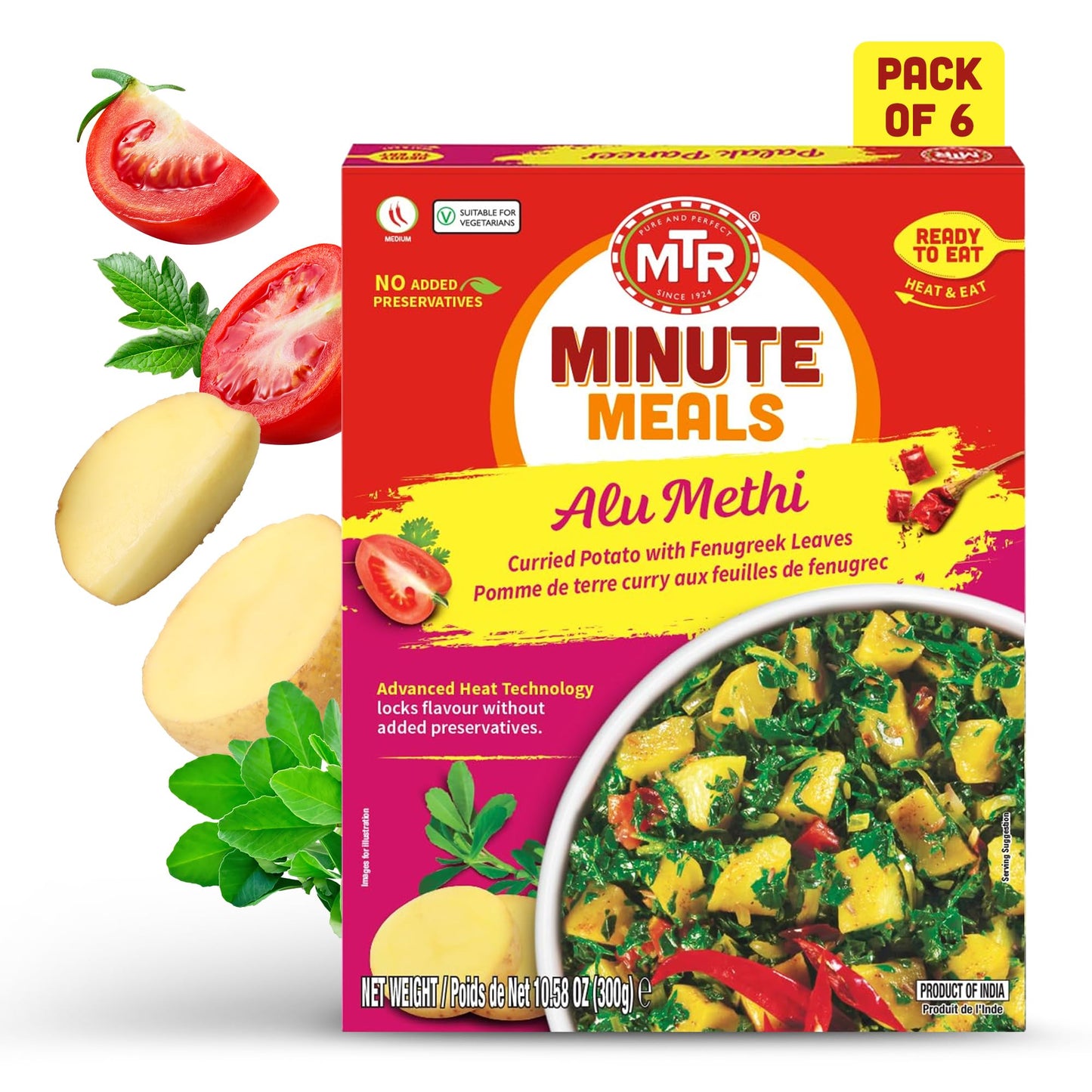 MTR - Alu Methi - Curried Potato with Fenugreek Leaves - Authentic Indian Ready To Eat Meal, Plant-Based, Delicious Microwave Fo