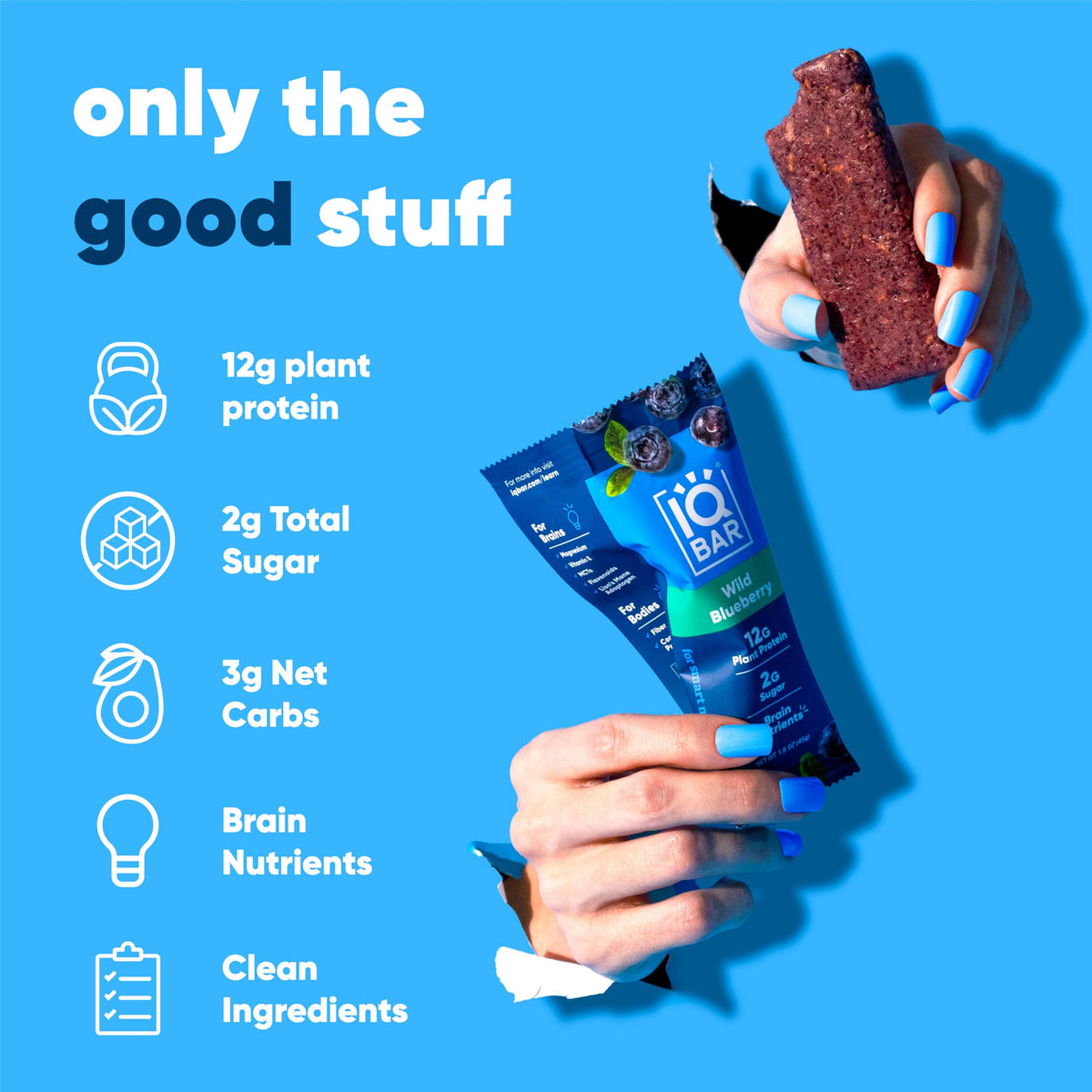 IQBAR Brain and Body Plant Protein Bars - Wild Blueberry - 12 Count, Low Carb, High Fiber, Gluten Free, Healthy Vegan Snacks - L