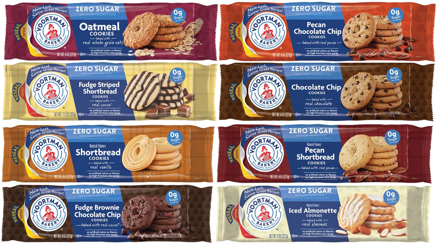 Voortman Sugar Free Cookies - Variety Pack - Chocolate Chip - Fudge Brownie - Pecan Shortbread - Pecan Chocolate Chip - Iced Alm