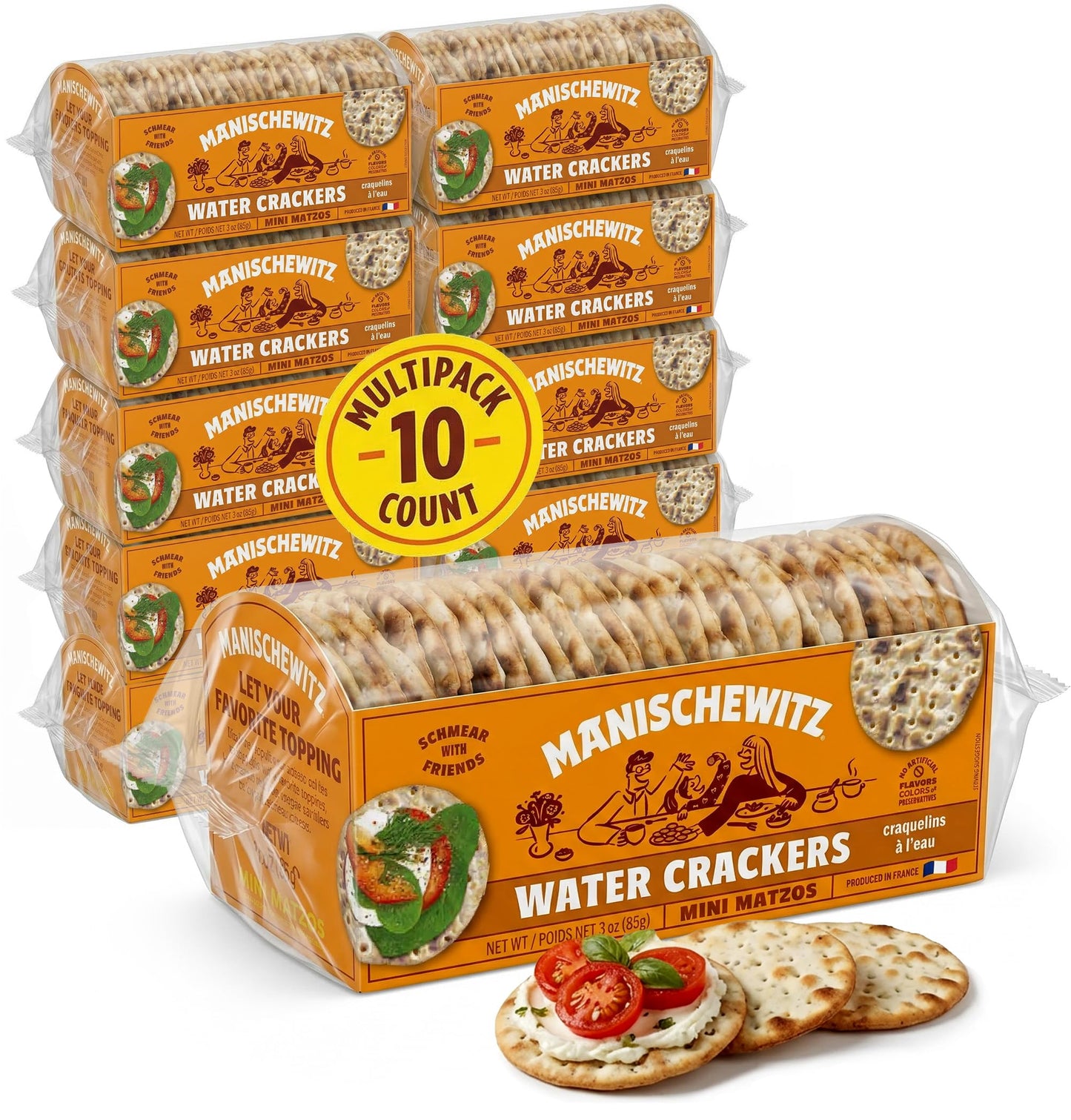 Manischewitz Mini Round Matzos, 3 oz (24 Count - 10 Pack) | Unsalted Water Crackers | Kosher for Passover Snack Crackers | Thin