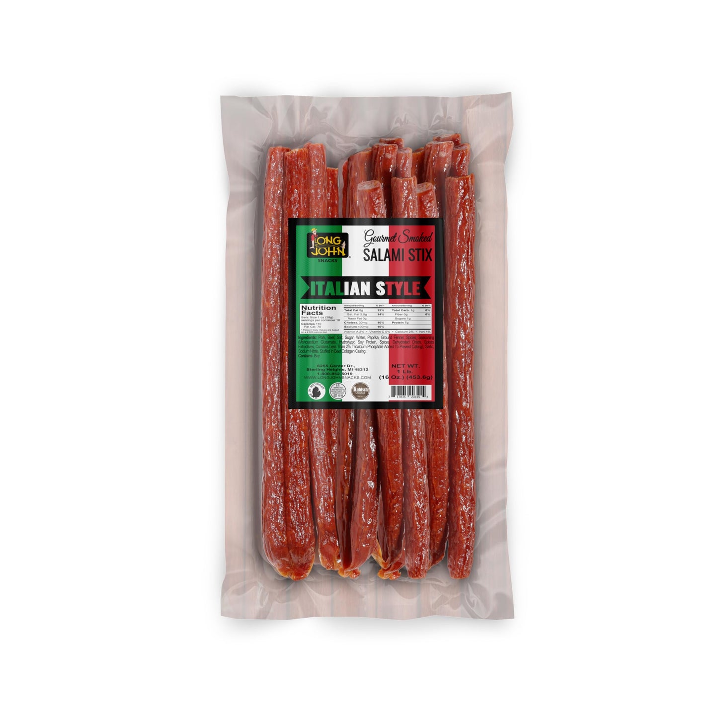 Long John Snacks Italian Style Dried Salami Stix - Top-Grade Italian Blend Hand Crafted Pork & Beef Cuts - Gluten-Free Bold Flavor & Low Heat - Rich Flavor & Italian-Style Dried To Perfection - 16Oz.