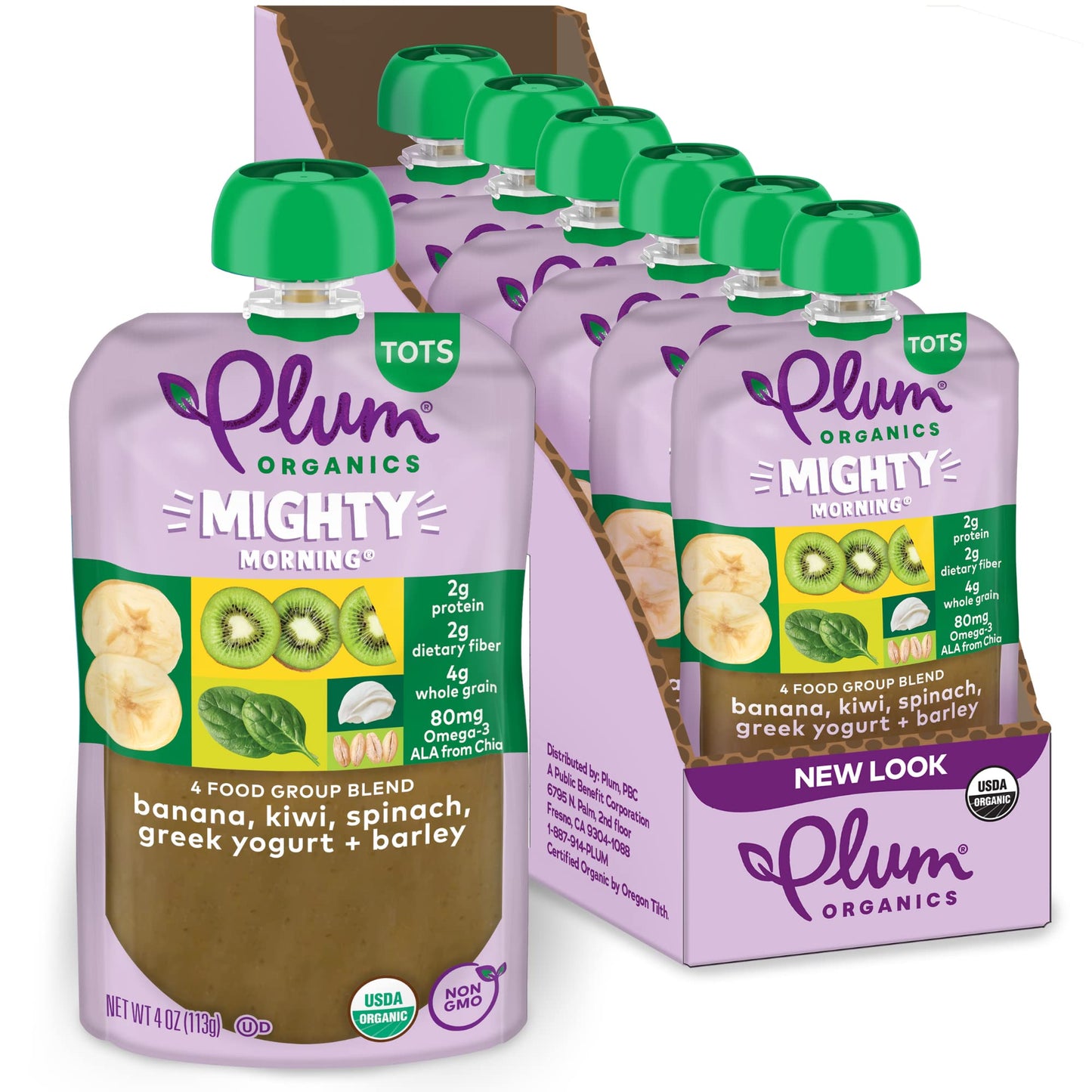 Plum Organics Mighty Morning Organic Toddler Food - Banana, Kiwi, Spinach, Greek Yogurt, and Barley - 4 oz Pouch (Pack of 6) - O