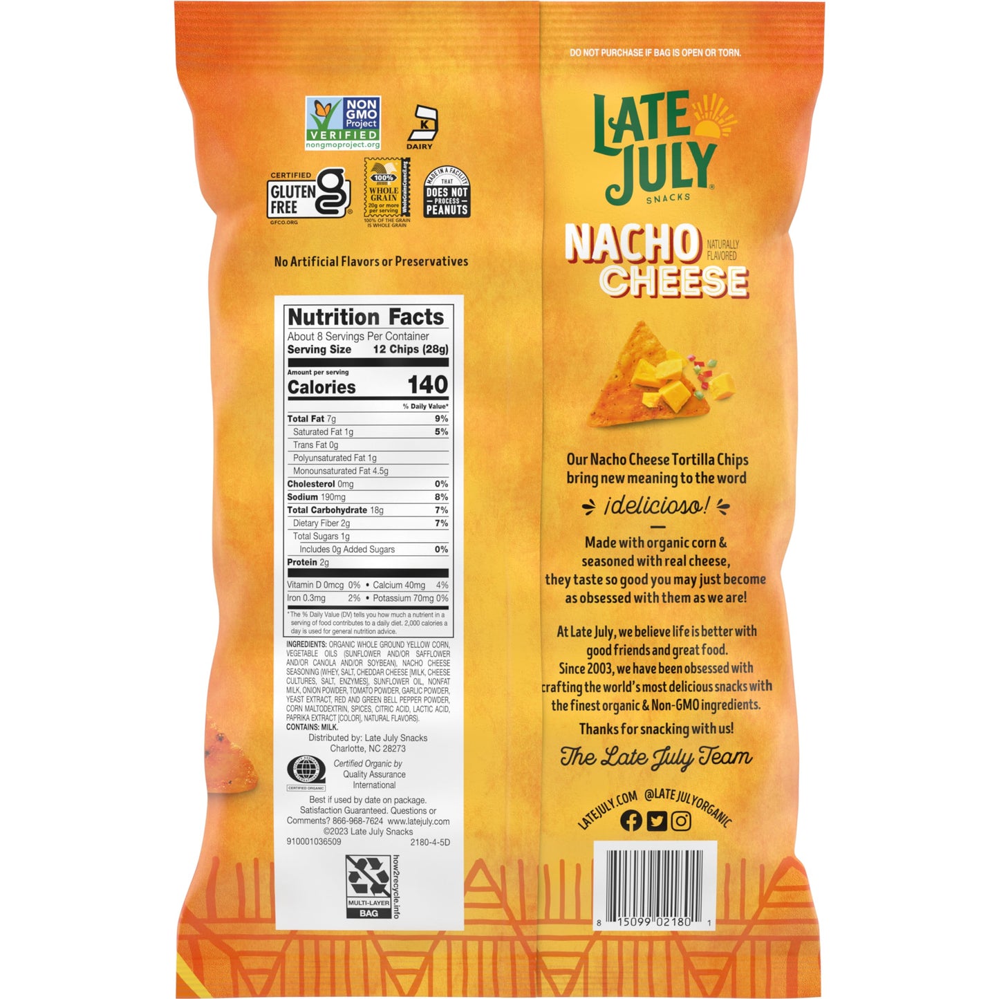 Late July Snacks Nacho Cheese Tortilla Chips, 7.8 Oz Bag (Pack Of 12)
