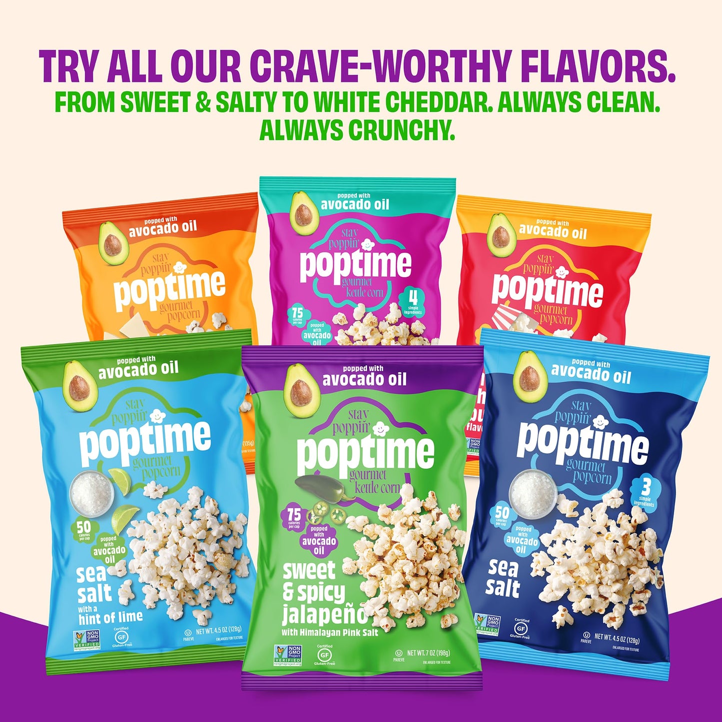 Poptime Popcorn Snack Bags - Sweet & Spicy Jalapeno & Himalayan Pink Salt Kettle Corn Popcorn Bags, Healthy Snack With Avocado O