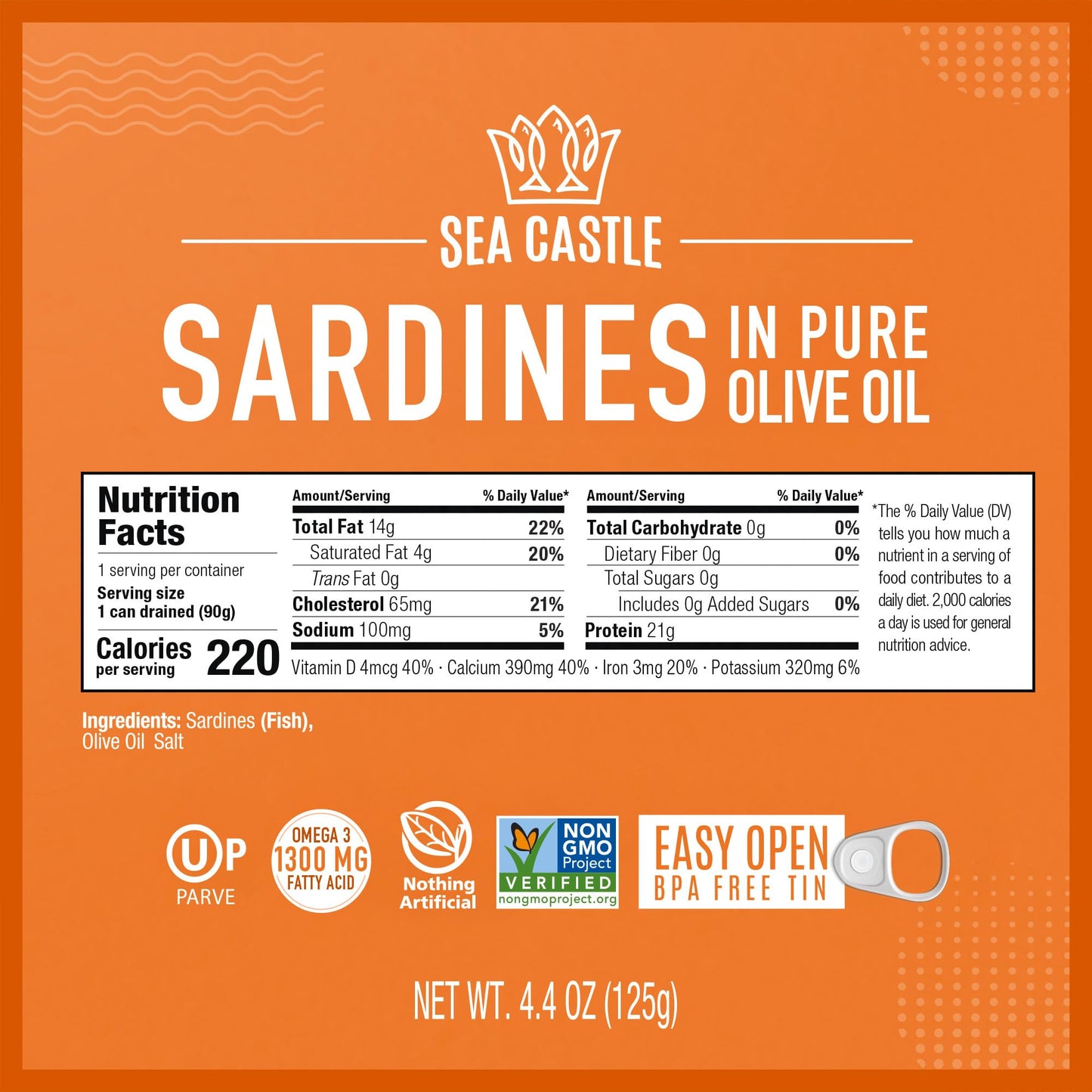 Sea Castle Sardines in Pure Olive Oil, 4.4oz (12 Pack)
