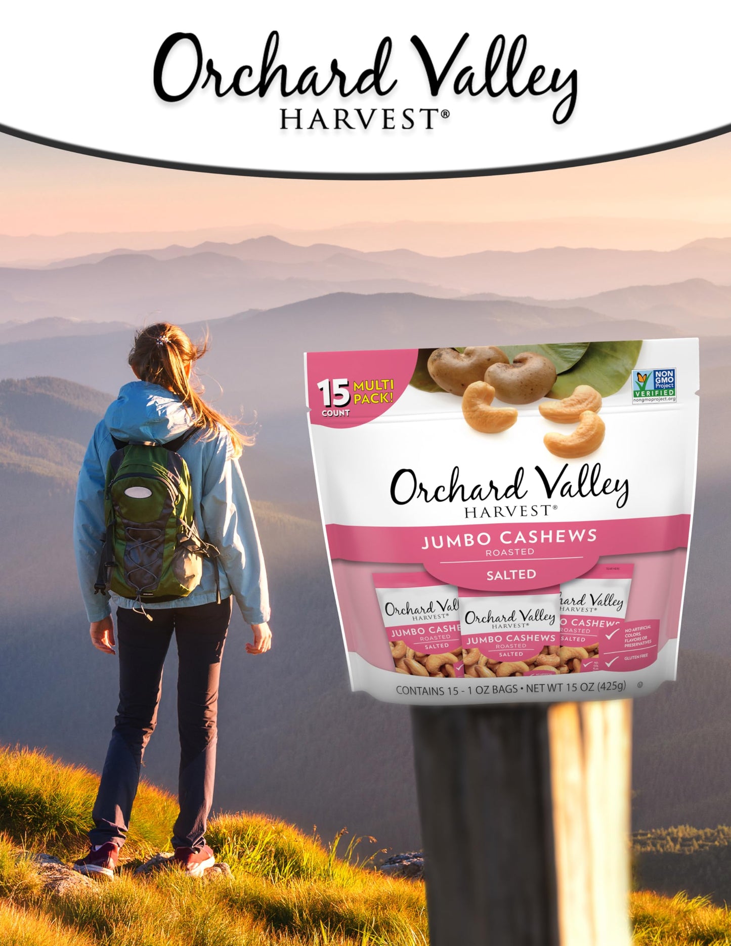Orchard Valley Harvest Jumbo Cashews, 1 oz Bags (Pack of 15), Whole Roasted Salted Cashews, Gluten Free, No Artificial Colors, F
