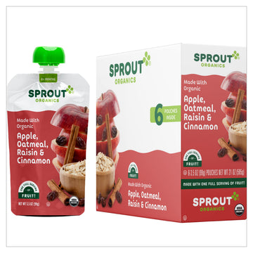 Sprout Organic Baby Food, Stage 2 Pouches, Apple Oatmeal Raisin With Cinnamon, 3.5 Oz Purees (Pack Of 12)
