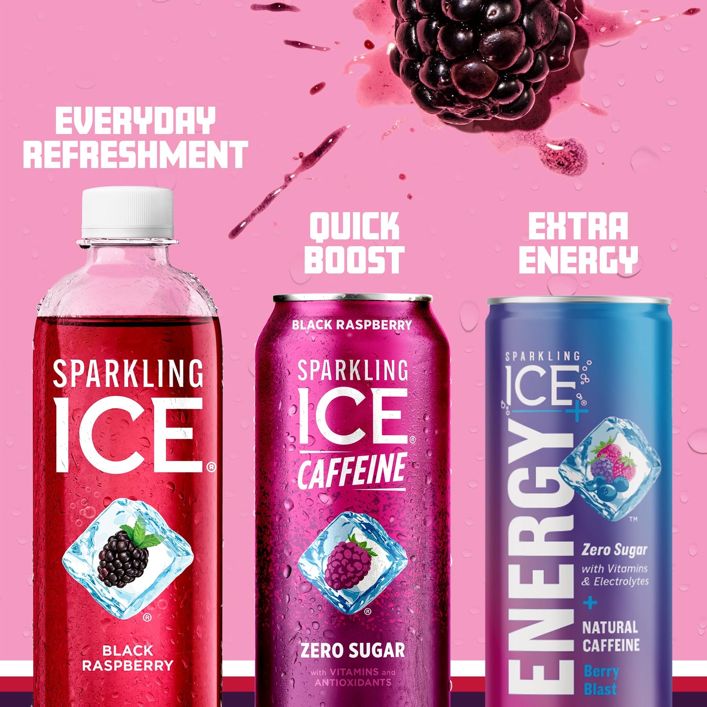 Sparkling Ice Caffeine Black Raspberry Sparkling Water, Zero Sugar, 16 fl oz Cans, Pack of 12
