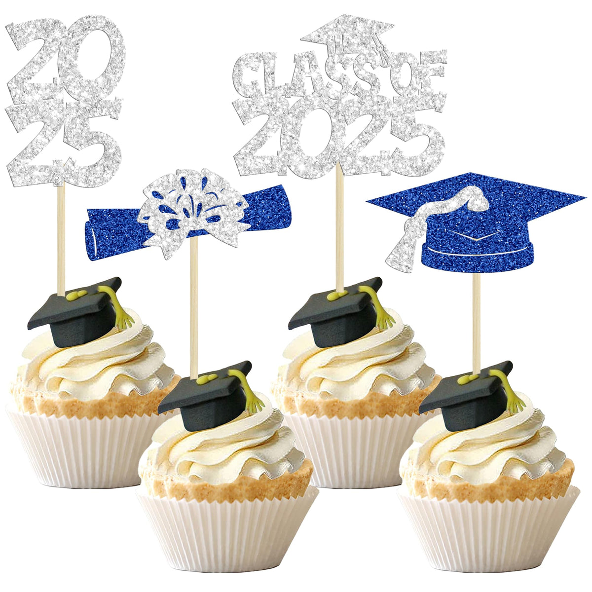 Ephlyn 36Pcs 2025 Graduation Theme Cupcake Toppers Glitter Class Of 2025 Congrats Grad Diploma Graduation Cap Cupcake Picks For 2025 Graduation Theme Party Cake Decorations Supplies Blue Silver