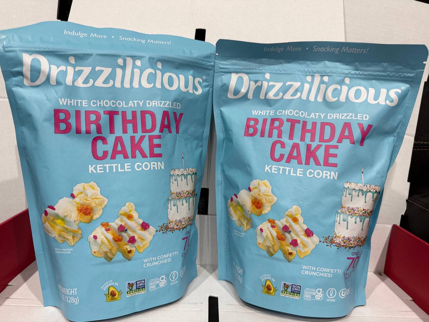 White Chocolaty drizzed Birthday cake kettle corn. Pack of 2 and 4.5oz each
