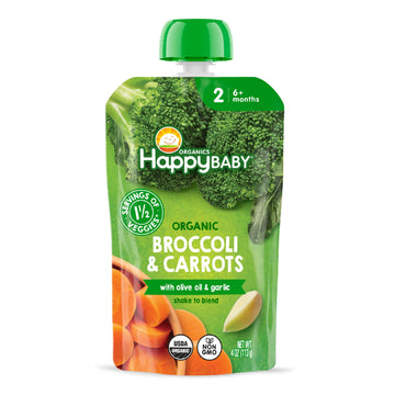 Happy Baby Organics Savory Blends Stage 2 Baby Food, Broccoli & Carrots With Olive Oil + Garlic, 4 Ounce Pouch (Pack Of 16)
